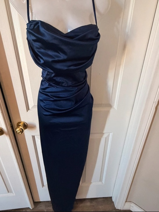 Windsor Dresses & Skirts - Windsor Navy Blue Liquid Satin Cowl Neck Ruched Formal Homecoming Gala Gown L